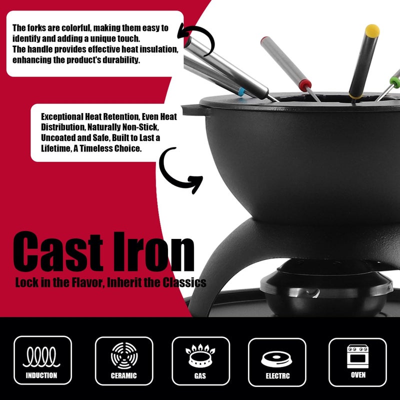 Artestia Cast Iron Cheese Fondue Set 11-Piece with Adjustable Burner, 6 Colored Forks, 5-Cup Red Swiss Fondue Set for Cheese, Chocolate, Caramel, Meat â€“ Family Size 4-6 Persons - Image 4